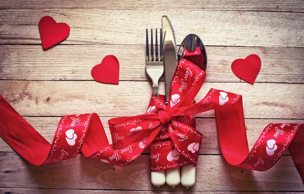 Ложка, лента, red, love, вилка, romantic, hearts, valentine's day