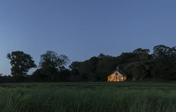 Поле, деревья, дом, вечер, cottage, Suffolk, hex