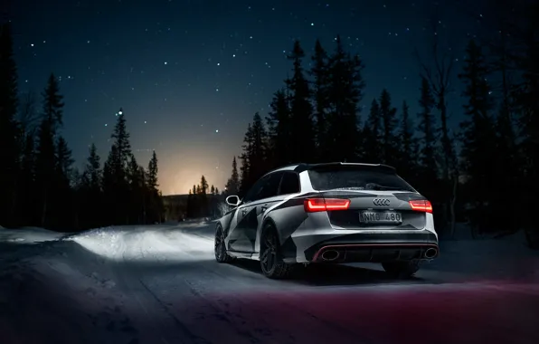 Картинка Audi, Дорога, Ночь, Снег, Лес, Звёзды, Quattro, Rs6