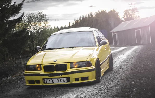 Картинка BMW, БМВ, Желтая, E36, Stance, 325