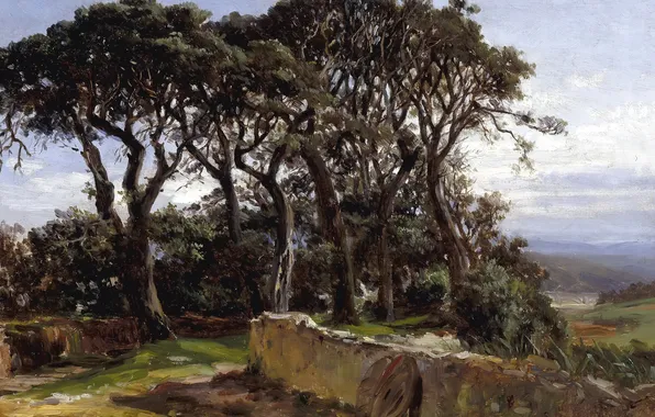 Картинка деревья, пейзаж, картина, Карлос де Хаэс, Пинии