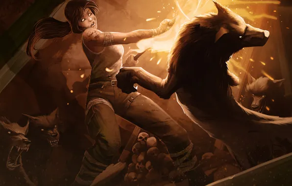 Картинка огонь, хищники, арт, пасть, факел, черепа, волки, Lara Croft