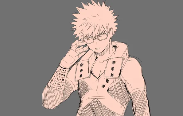 Арт, парень, серый фон, My Hero Academia, Boku No Hero Academia, Bakugou Katsuki, Моя Геройская …