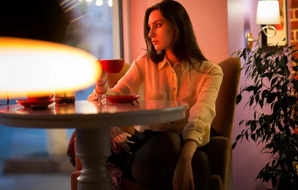 Картинка blouse, model, chair, women, bokeh, window, brunette, coffee