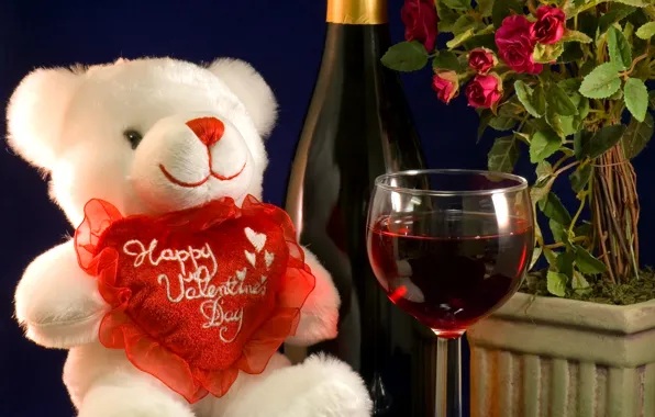 Картинка цветы, вино, бокал, мишка, сердечко, День свявтого валентина