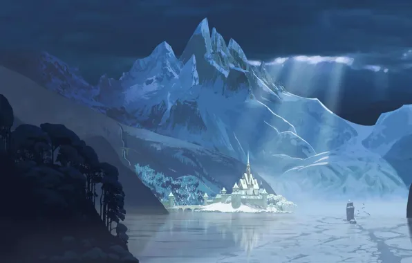 Картинка зима, горы, замок, Frozen, Disney, гавань, Дисней, Холодное Сердце