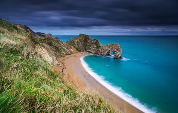 Картинка море, пляж, трава, скалы, побережье, Англия, England, Ла-Манш