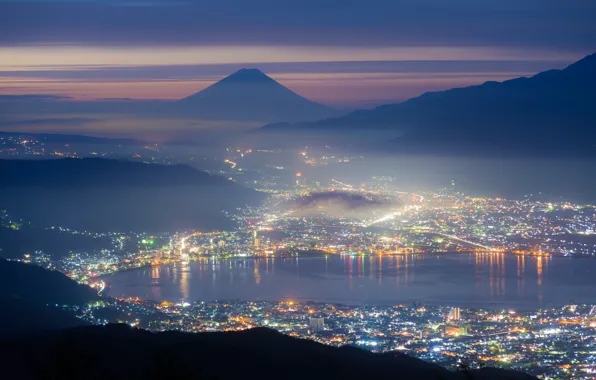 City, город, lights, огни, озеро, гора, Япония, Japan