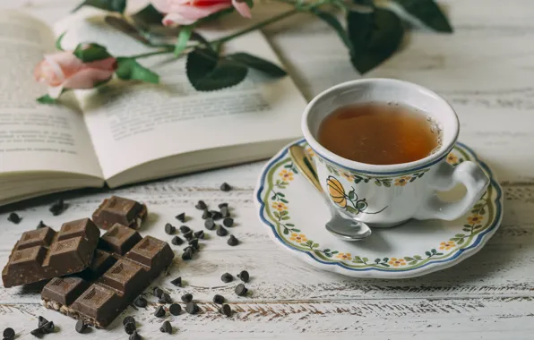 Шоколад, розы, букет, чашка, книга, чаай
