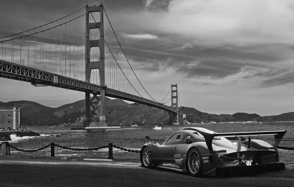 Картинка небо, Golden Gate Bridge, Сан Франциско, набережная, sea, San Francisco, чёрно-белое фото, мост золотые ворота