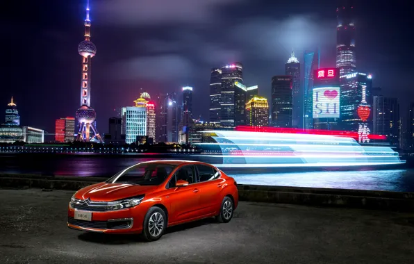 Ночь, город, выдержка, Ситроен, Citroen, Red, мегаполис, Metallic