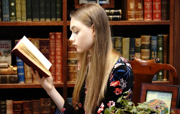 Девушка, лицо, волосы, книга, библиотека, читает