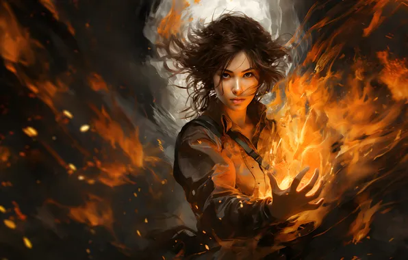 Картинка flame, girl, beautiful, brunette, ai art