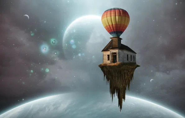 Картинка космос, дом, воздушный шар, остров, планета, шар