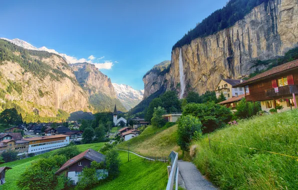 Горы, дома, Швейцария, Lauterbrunnen