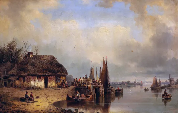 Река, Люди, Картина, Рыбаки, Немецкий художник, Ludwig Hermann, Людвиг Германн, Рыбаки за работой на причале