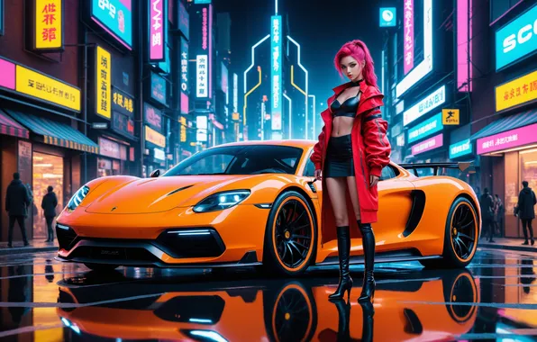 Car, city, Porsche, rain, night, neon, women, reflection