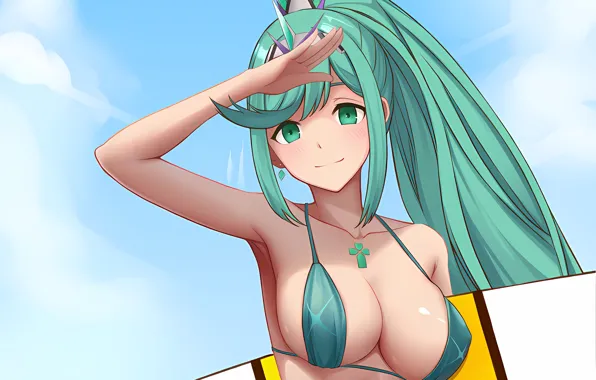 Girl, sexy, cleavage, green eyes, long hair, boobs, anime, beautiful