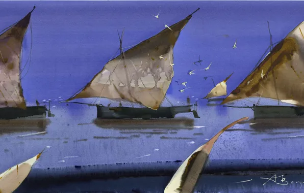 Картинка чайки, корабли, паруса, Аруш Воцмуш, Нос в Нос.