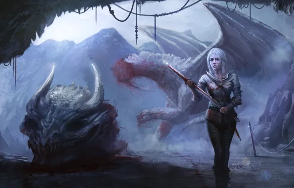 Девушка, дракон, череп, арт, Witcher 3: Wild Hunt, Cirilla