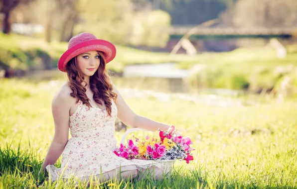 Девушка, цветы, шляпа, платье, корзинка, боке