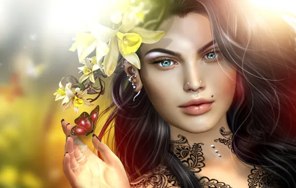 Картинка девушка, цветы, бабочка, волосы
