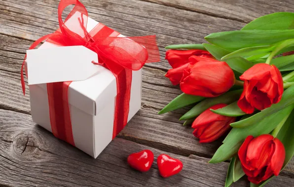 Любовь, цветы, подарок, букет, сердечки, тюльпаны, red, love