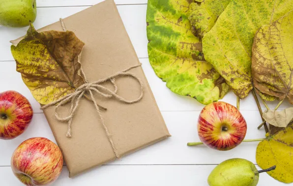 Картинка осень, листья, фон, дерево, яблоки, colorful, wood, background