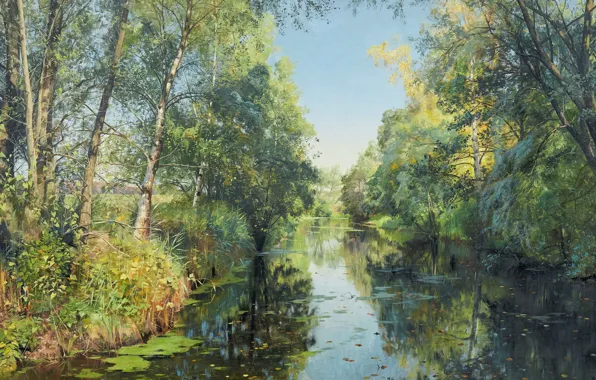 Картинка датский живописец, Петер Мёрк Мёнстед, Peder Mørk Mønsted, 1894, Danish realist painter, Летний речной пейзаж, …