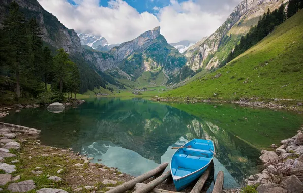 Картинка горы, природа, озеро, камни, лодка