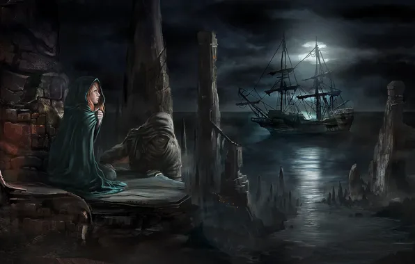 Картинка девушка, облака, свет, ночь, луна, берег, корабль, капюшон