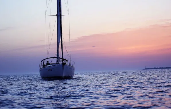 Море, побережье, маяк, вечер, яхта, Италия, Sicily, одинокий навигатор
