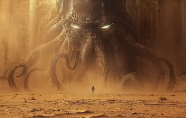 Картинка Ктулху, Cthulhu, monster, man, sand, tentacles, dead sea, Лавкрафт