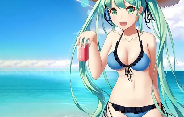 Girl, sexy, Hatsune Miku, cleavage, beach, Vocaloid, green eyes, long hair