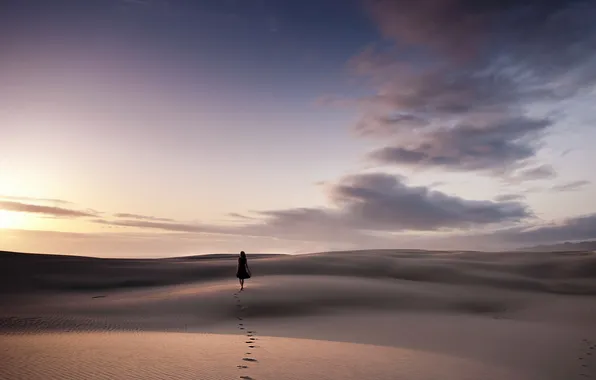 Девушка, закат, настроение, пустыня