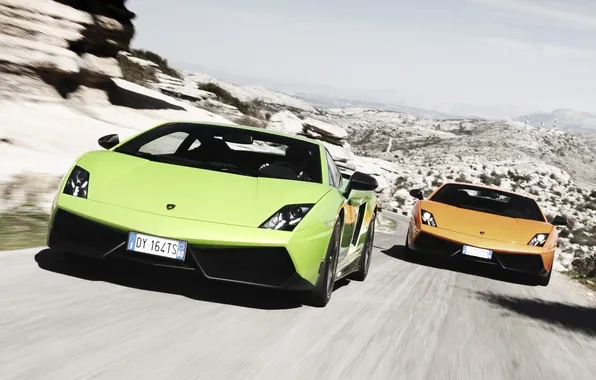 Картинка дорога, небо, горы, оранжевый, Lamborghini, зелёный, суперкар, Superleggera