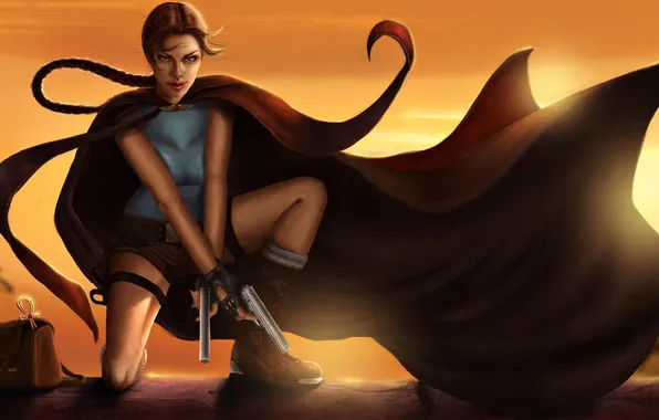 Картинка девушка, закат, пистолеты, Tomb Raider, драгоценности, Lara Croft