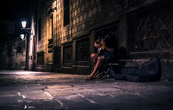 Картинка ночь, музыка, улица, человек, гитара