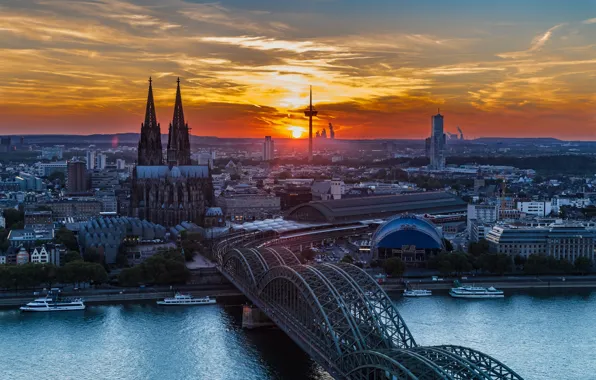 Закат, мост, река, Германия, Кёльн