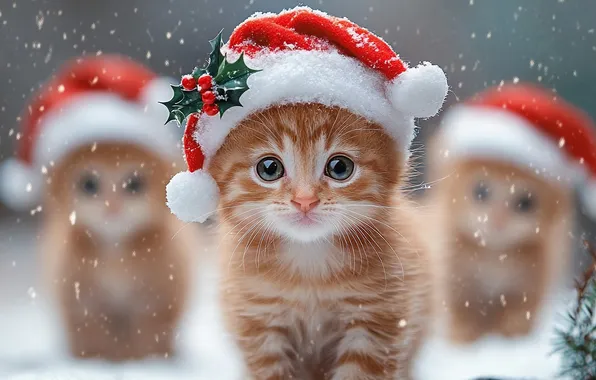 Снег, шапка, котята, котёнок