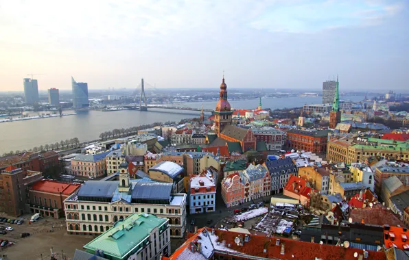 Зима, мост, река, дома, Рига, Латвия, Riga