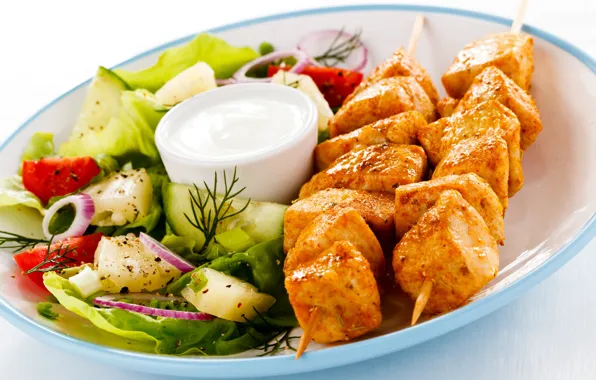 Макро, лук, тарелка, мясо, овощи, помидоры, соус, шашлык