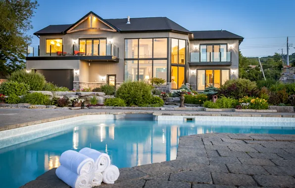 Цветы, вечер, бассейн, освещение, Канада, Онтарио, архитектура, Canada