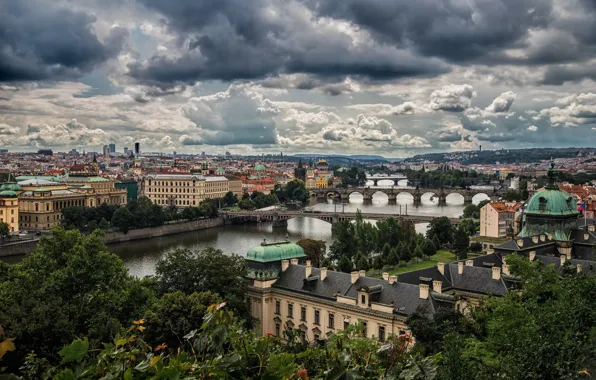 Река, дома, Прага, Чехия, панорама, мосты, Влтава