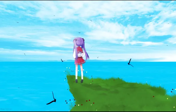 Небо, трава, птицы, Аниме, Lucky Star, Счастливая звезда, hiiragi kagami