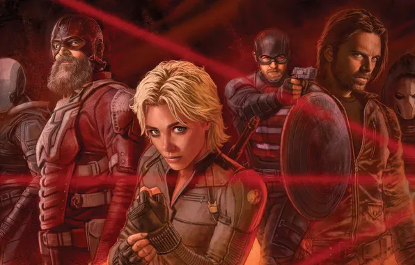 Арт, постер, красный фон, персонажи, комикс, костюмы, MARVEL, Thunderbolts