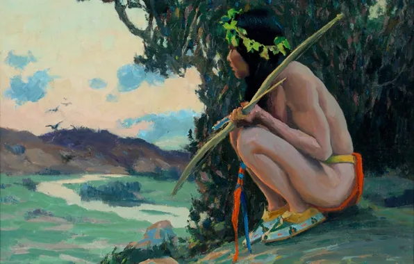 Картинка охотница, Untitled, Eanger Irving Couse, охота на птиц, стрела лук
