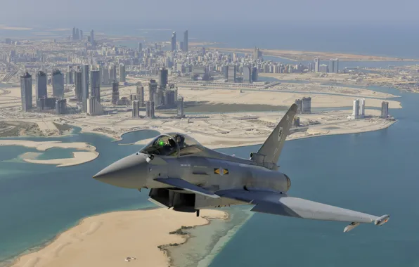 Полет, город, истребитель, Дубай, многоцелевой, Eurofighter Typhoon