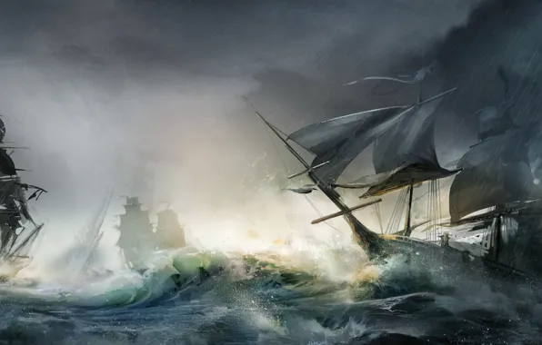 Storm, wood, sailboats, naval battles