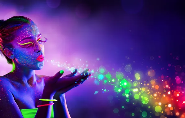 Dark, light, girl, party, glow, model, blow, neon